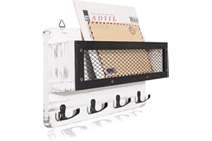 ADIIL Mail and Key Holder for Wall Decorative, Wooden Wall Key Rack Organizer with 4 Double Key Hooks, Wall Mount Key Hanger for Wall with Shelf, Rustic Home Decor for Entryway Hallway, White