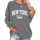 Vdnerjg Women's New York Letter Print Sweatshirt Crewneck Long Sleeve Casual Loose Fit Pullover Shirt