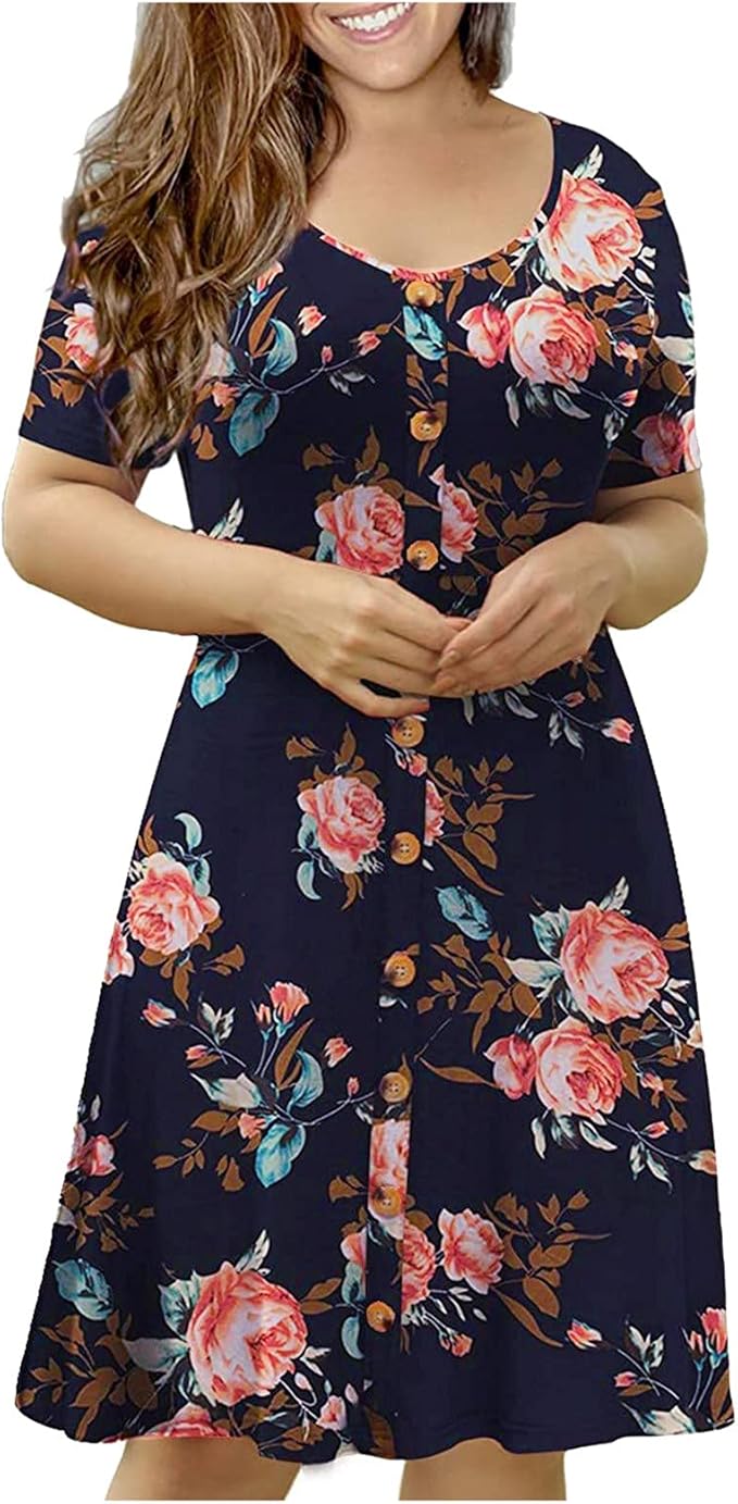 Women’s Plus Size Summer Dress Causal Short Sleeve Flower Print Button
