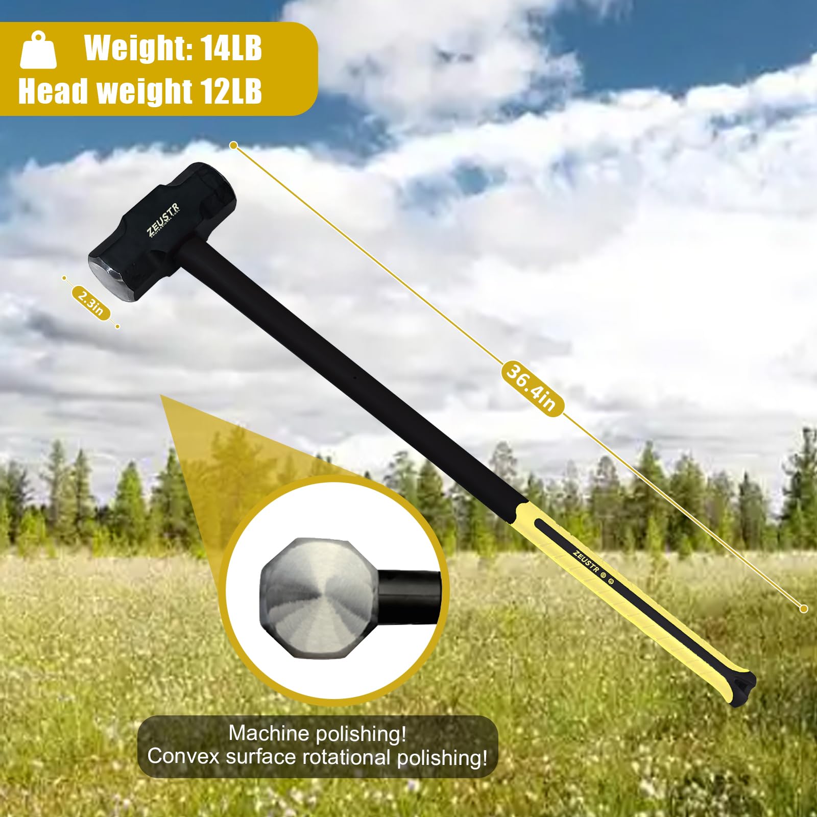 Condition photo showing New/Like New for zeustr 12lb sledge hammer, nylon handle with shock reduction, anti-slip grip