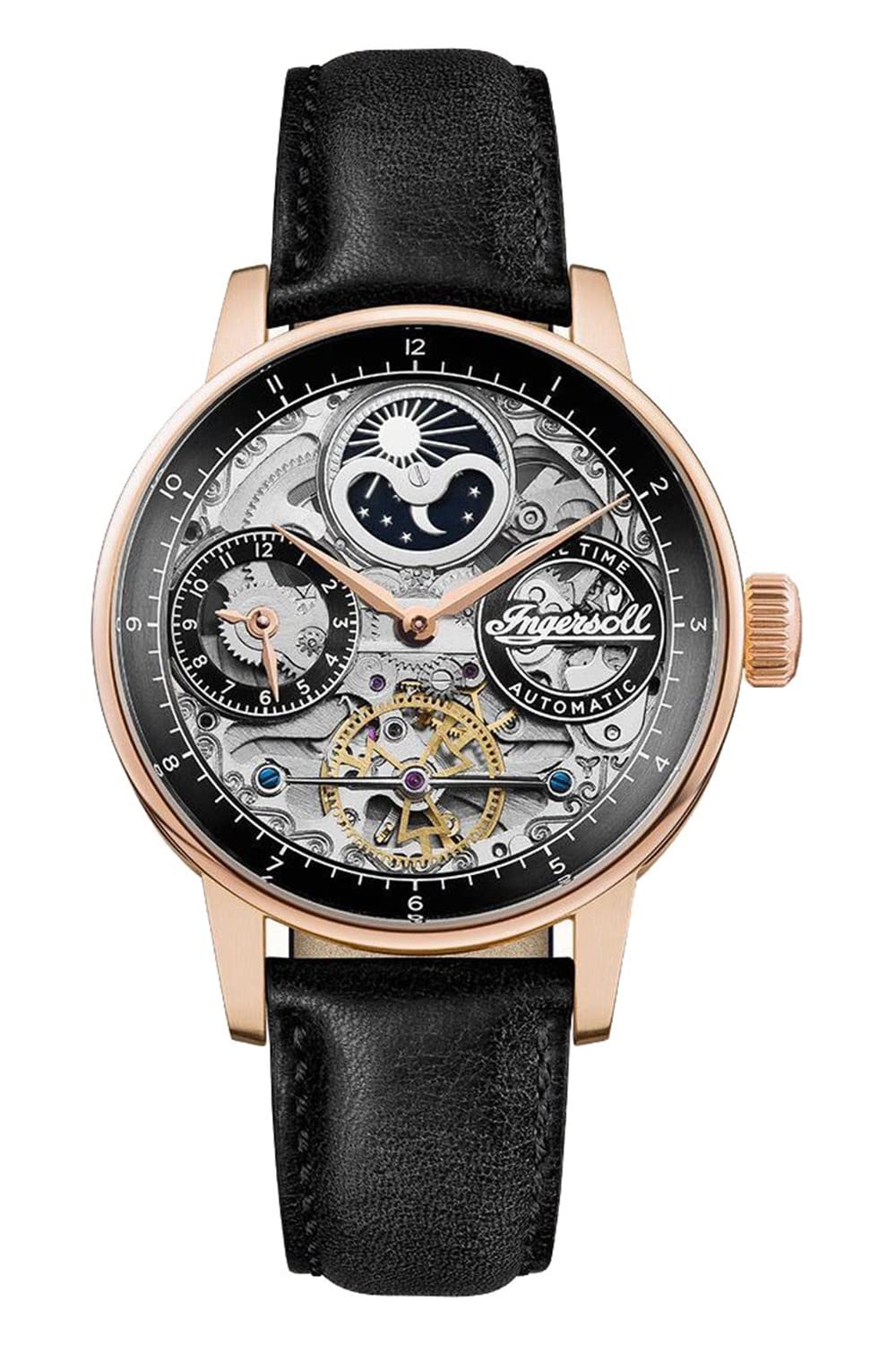 Ingersoll The Jazz Mens 42mm Automatic Moonphase Watch with Black Skeleton Dial and Black Genuine Leather Strap I07705