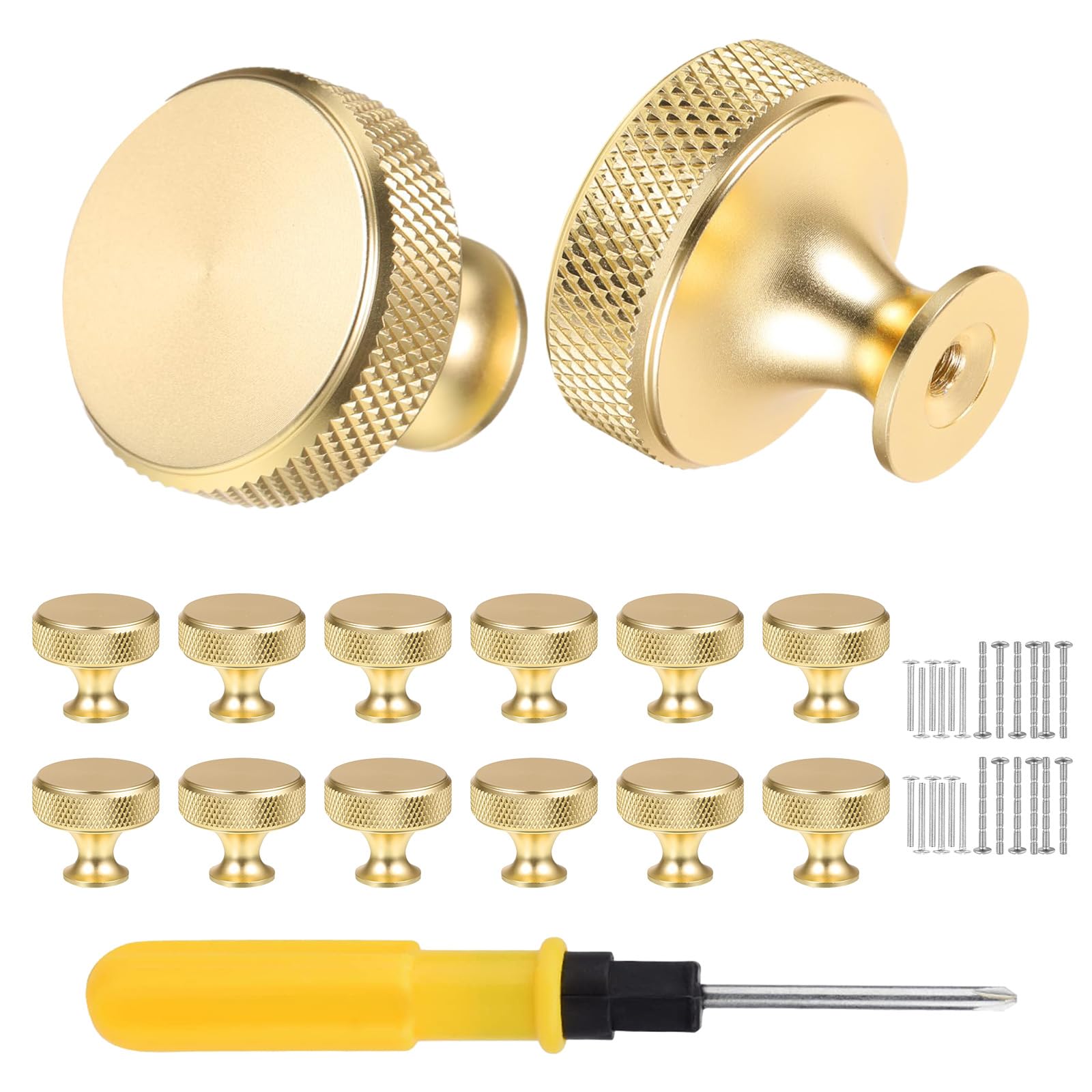 VEGCOO 12 Pack Gold Drawer Knobs, Single Hole Gold Cabinet Knobs with Screws, Round Knurled Metal Wardrobe Knobs, Knobs for Drawers, Cupboard, Dresser
