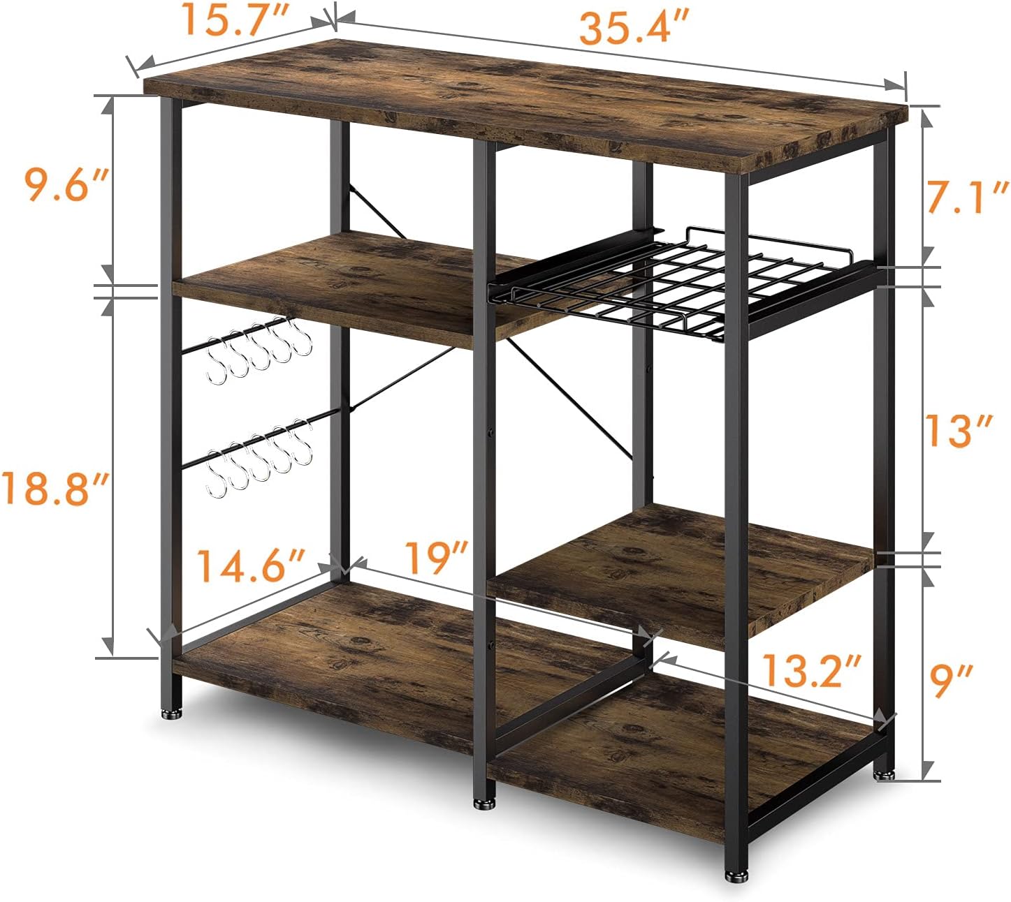 ODK Kitchen Bakers Rack, Utility Storage Shelf Microwave Oven Stand, 3-Tier+3-Tier Coffee Bar Table with 10 S-Shape Hooks for Spice Rack Organizer Workstation, Rustic Brown - Standing Baker's Racks