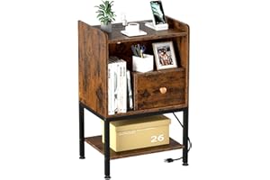 Gannyfer Nightstand with Charging Station,Night Stand with USB Ports and Storage Drawer,Modern 3-Tier End Side Table,Small Wood Bedside Table for Bedroom,Living Room (Brown)