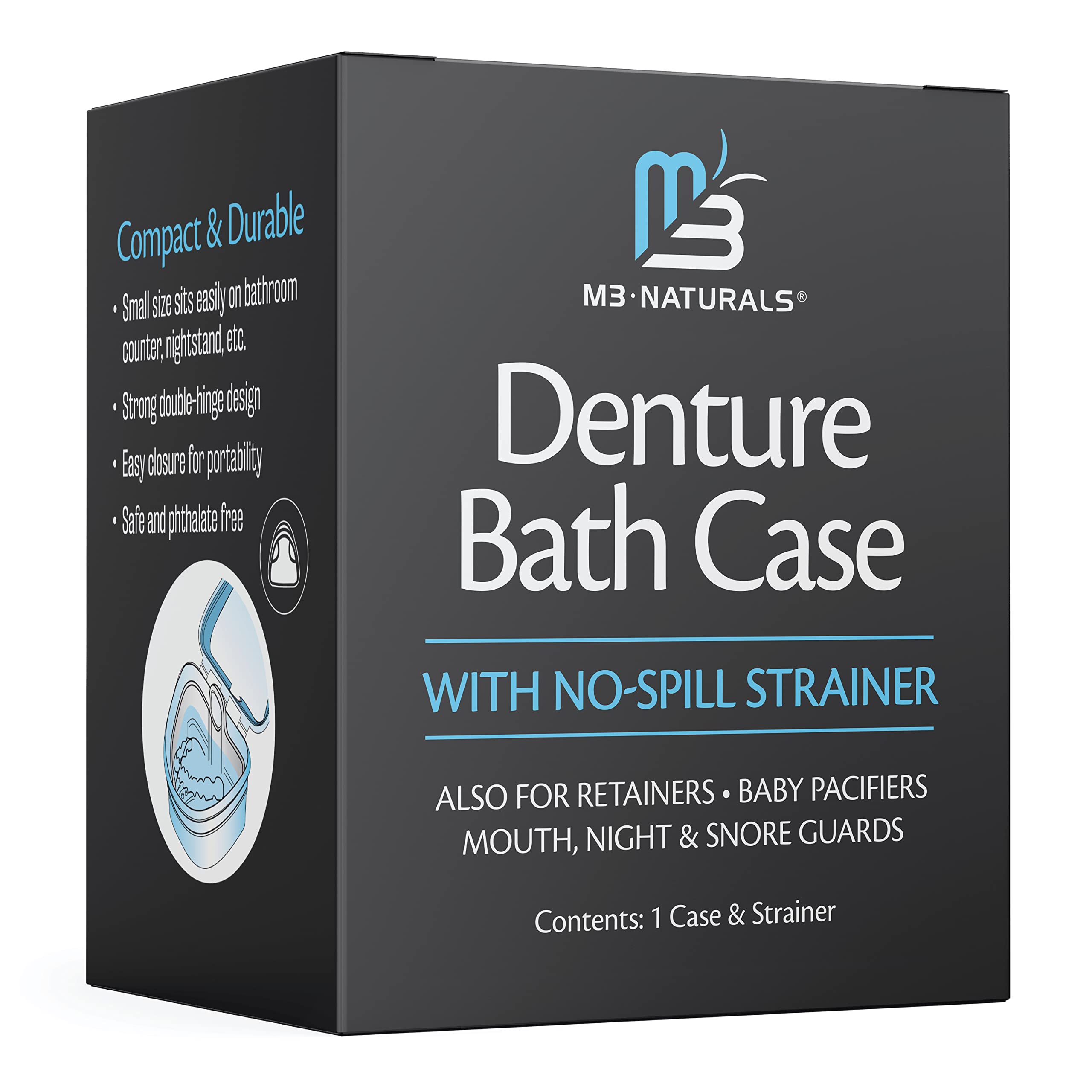 Denture Bath Case and Retainer Case, Denture Bath Cup for Invisalign Retainers Mouthguards Dentures Cleaner Kit with Strainer Spill-Free Portable Retainer Cleaner Case by M3 Naturals