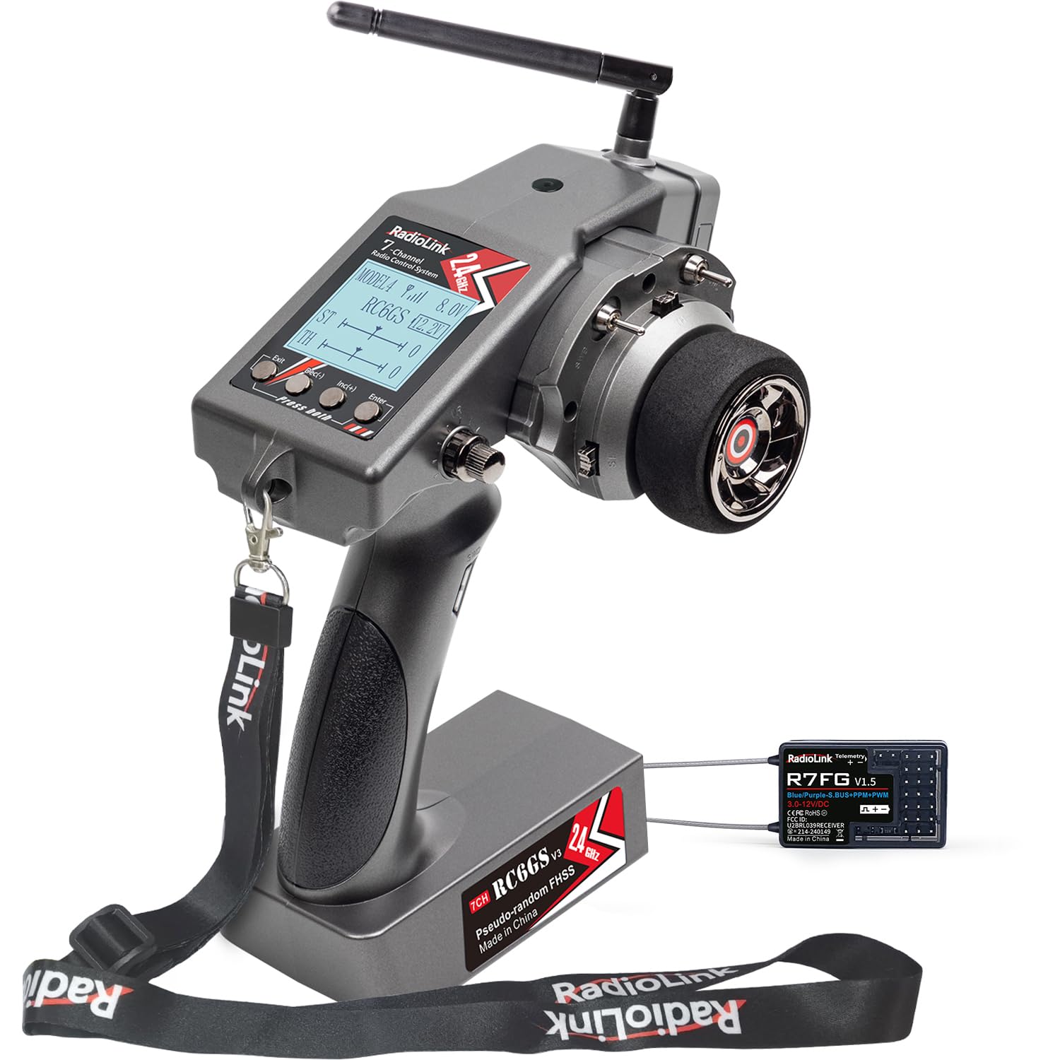 Radiolink RC6GS V3 7 Channels RC Transmitter and R7FG Gyro Receiver Kit for RC Car,2.4Ghz RC Controller,30 Models Storage,2.4Ghz 600M Remote Radio Controller Receiver Kit for RC Crawler,Boat,Drifting