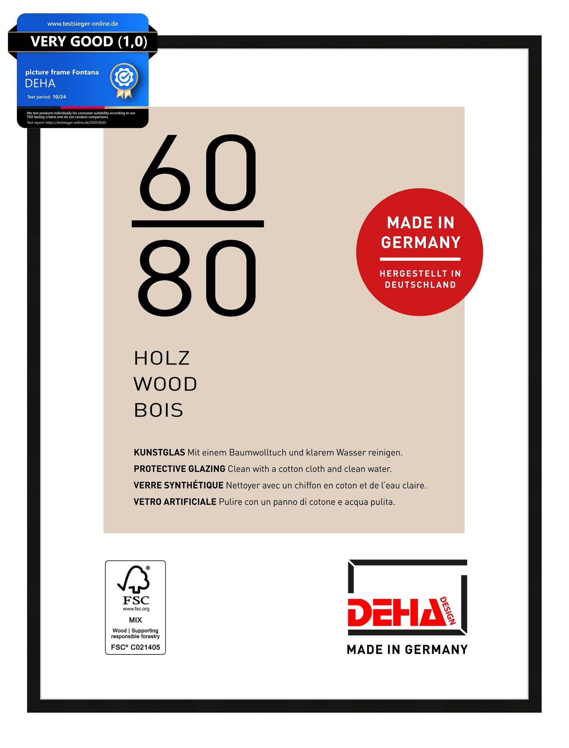 DEHA Design Fontana Wooden Picture Frame - 60x80 cm – Black - with Synthetic Glass and Push/Turn Clips