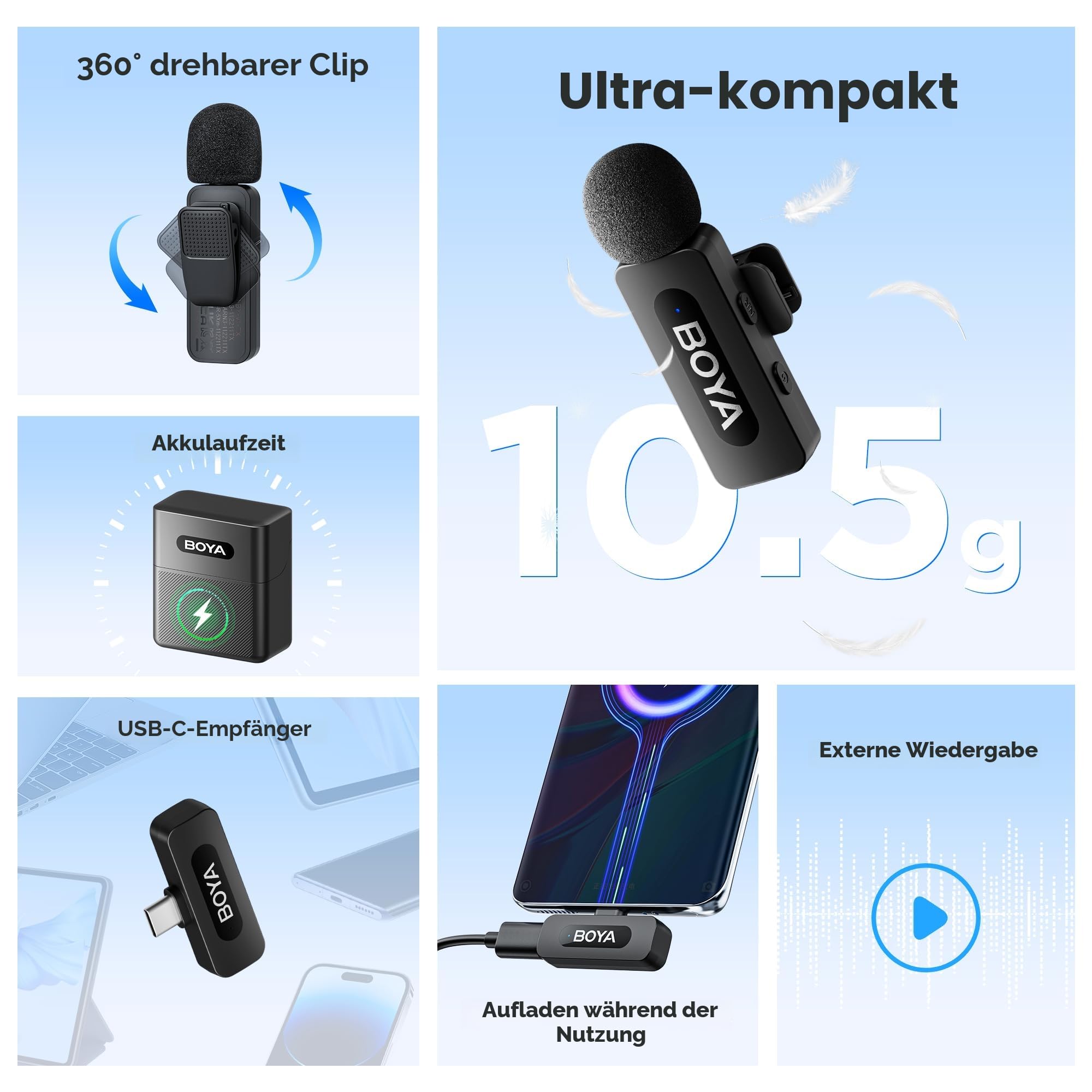 BOYA BY-V30 Mini Mikrofon Handy Kabellos, 100m Reichweite, 2 Pack USB C Wireless Lavalier Mikrofone für Podcast Live Stream Tiktok Vlog Video Aufnahme 2