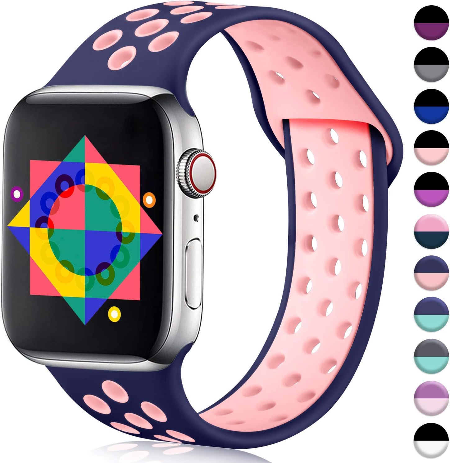 ilopee Sport Band Compatible for Apple Watch 40mm Series 5 4, Breathable Strap Wristbands Replacement with Holes for iWatch 38mm Series 3 2 1 Women Men, Navy Blue/Pink, S/M