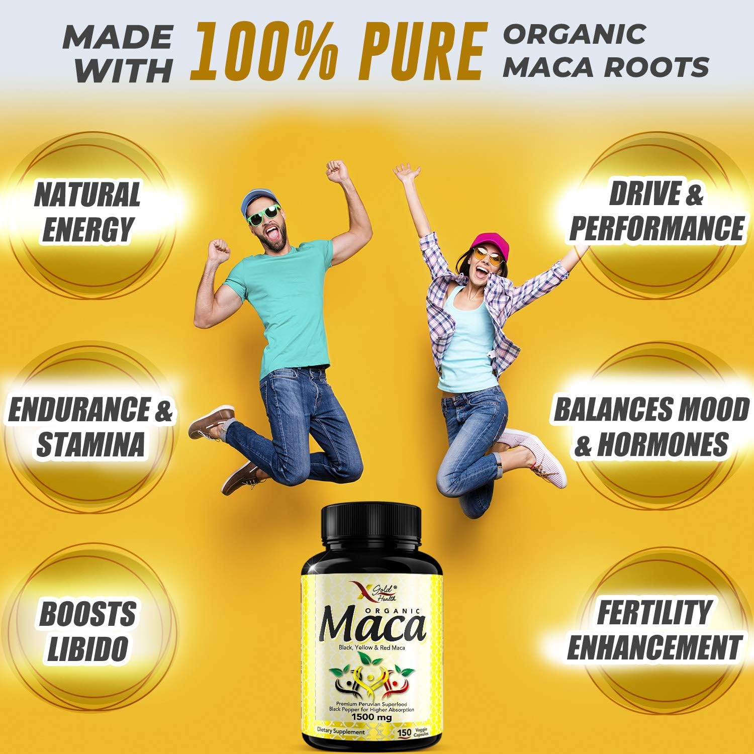 Organic Maca Root Powder Capsules Black, Red, Yellow - 150 Vegan Pills - 1500mg Strongest Peruvian Maca Gelatinized for Energy, Performance, Mood for Men and Women w/Black Pepper for Best Benefits: Health & Personal Care