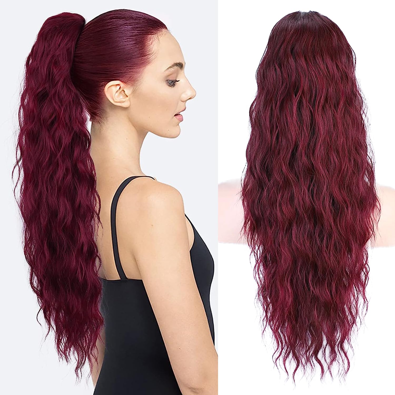 PORSMEER 28 inches Ponytail Extension Wine Red Long Beach Wave Drawstring Clip in Pony Hair Extension Synthetic Pony Tail Hairpiece for Women — image 1