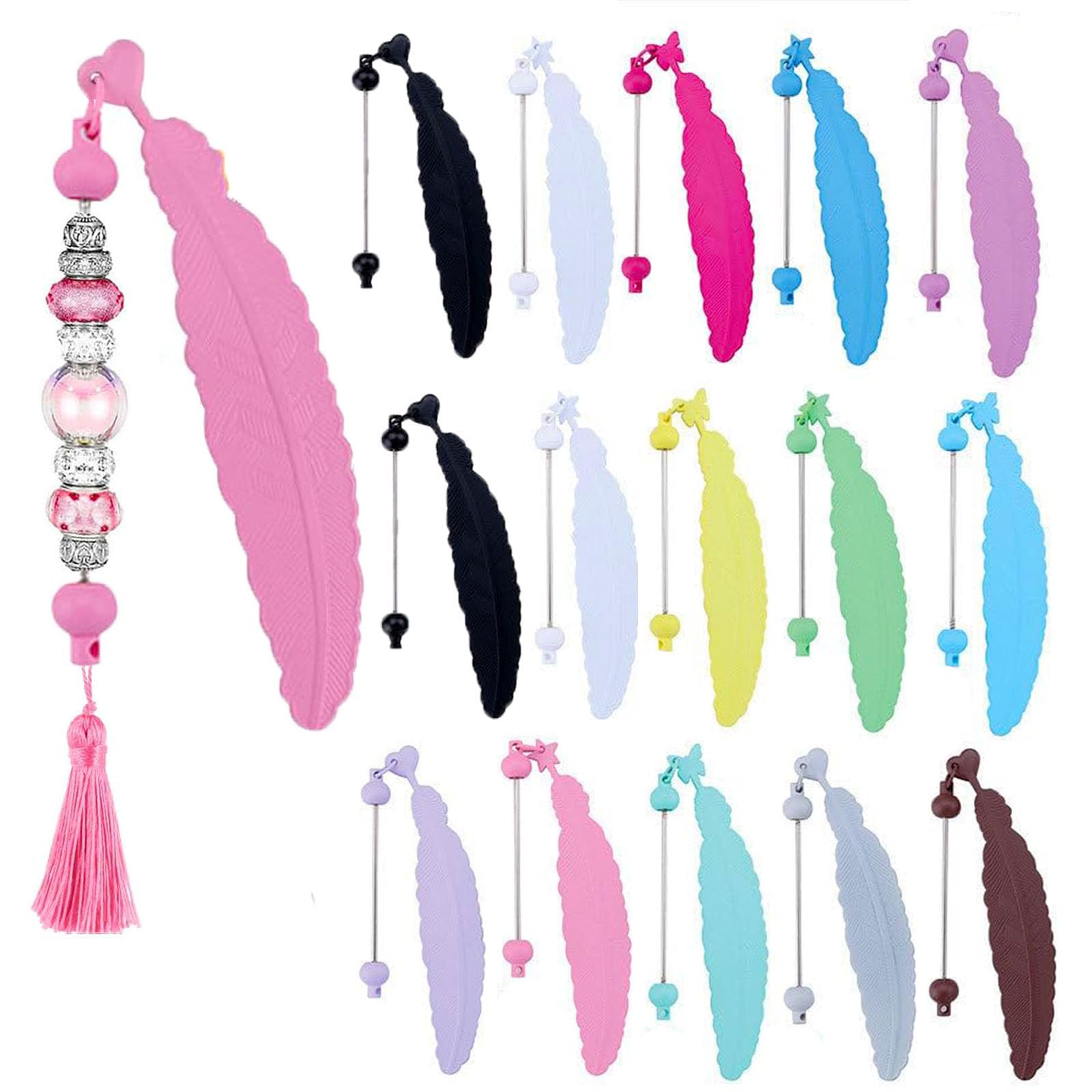 Photo 1 of 15 Packs Beadable Bookmarks with Bar Bulk Feather DIY Blank Bookmark for Beads Jewelry Pendants Charms Beading Book Make Marks Craft Colorful