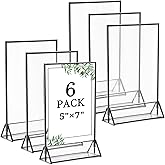 Floroom 6 Pack 5x7 Inch Clear Acrylic Sign Holders, Double-Sided Black Display Stand Picture Frames for Table Numbers, Menus, Flyers, Weddings, and Offices