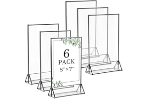 Floroom 6 Pack 5x7 Inch Clear Acrylic Sign Holders, Double-Sided Black Display Stand Picture Frames for Table Numbers, Menus, Flyers, Weddings, and Offices