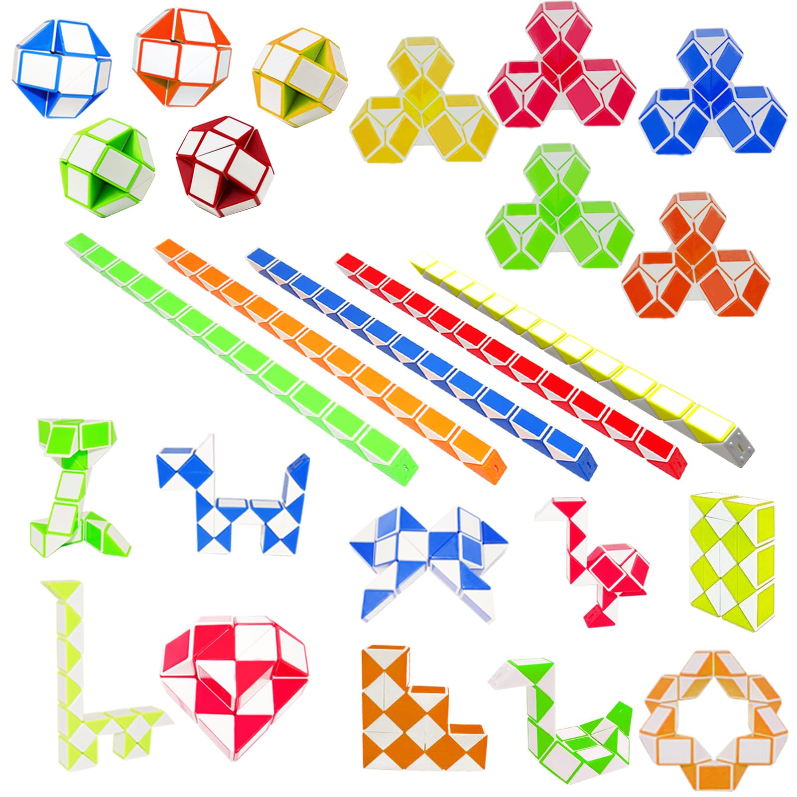 EACHHAHA 25 Mini Magic Snakes, 24 Blocks Each, 5 Colors, 600 Pieces, Ages 6-12, Unisex, Snake Themed, Twisty Puzzle, Party Favors