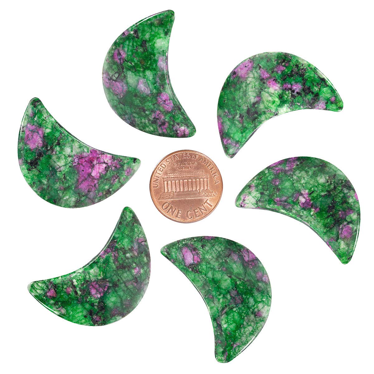 mookaitedecor Set of 5 Ruby in Fuchsite Moon Healing Crystal Pendants for Jewellery Making, Semi Precious Moon Shaped Palm Worry Stones for Anxiety Stress Relief Tumbled Pocket Stone Desk Decor