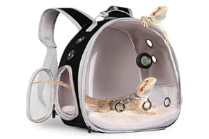 WEVONIGU Bearded Dragon Travel Backpack Carrier with Reptile Thermometer and Humidity Gauge Lizard Travel Cage Space Capsule Clear Bubble Window Astronaut Reptile Carrier Bag for Ball Python (Black, Backpack)
