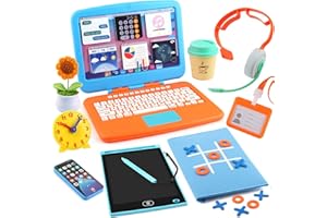 BRAVILAN Pretend Play Home Office Set for Kids, Features Toy Laptop Computer, LCD Writing Tablet, Toy Phone, Headset, Sunflower & Coffee Cup, Toys Gifts for Boys Girls Age 3-5-7