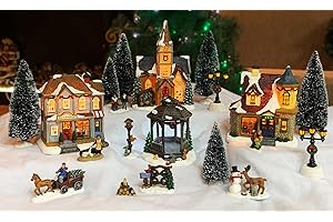MOMENTS IN TIME 20-Piece Lighted Christmas Village Set with LED Lights Battery Operated Miniature Holiday Town Display Hand-Painted Christmas Houses, Figurines & Trees Gift-Ready Packaging