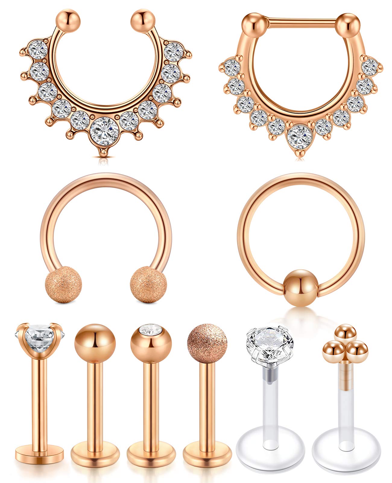 VFUN 16G Tragus Earring Stainless Steel Lip Labret Studs Helix Cartilage Earrings Conch Piercing Septum Nose Clicker Rings Helix Piercing for Women - Rose Gold