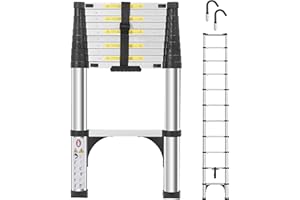 DEZEX Telescoping Ladder 10.5 FT,Aluminum Lightweight Extension Ladder with 2 Triangle Stabilizers and 2 Detachable Hooks,Safety Lock Slow Down Design Collapsible Telescopic Ladder for Home Outdoor