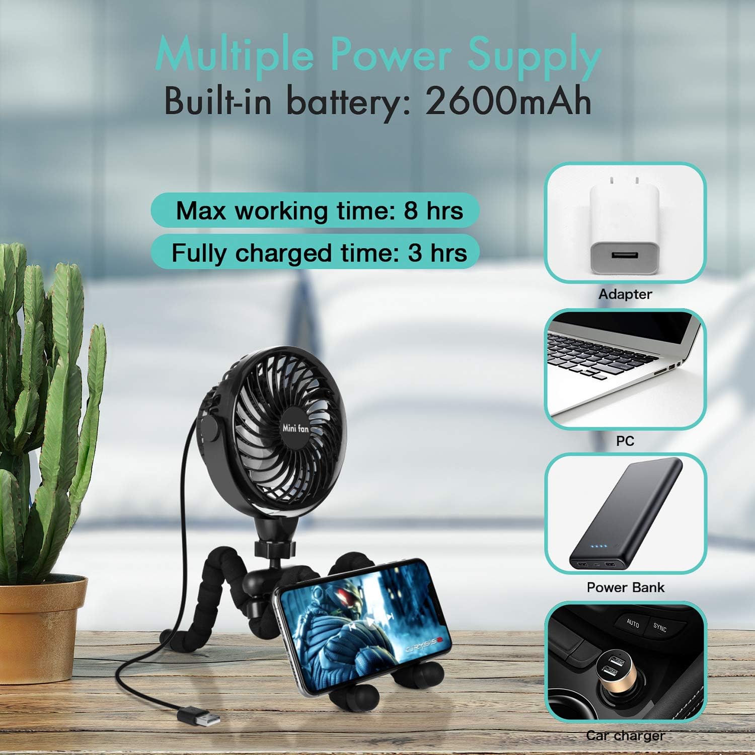 Portable Handheld Fan, 2600mAh Battery Powered Personal Desk Baby Fan Air Circulator Fan with Flexible Tripod, Ultra Quiet 4 Speed 360° Rotatable USB Fan for Stroller Office Camping Hurricane Outage,Black: Home & Kitchen