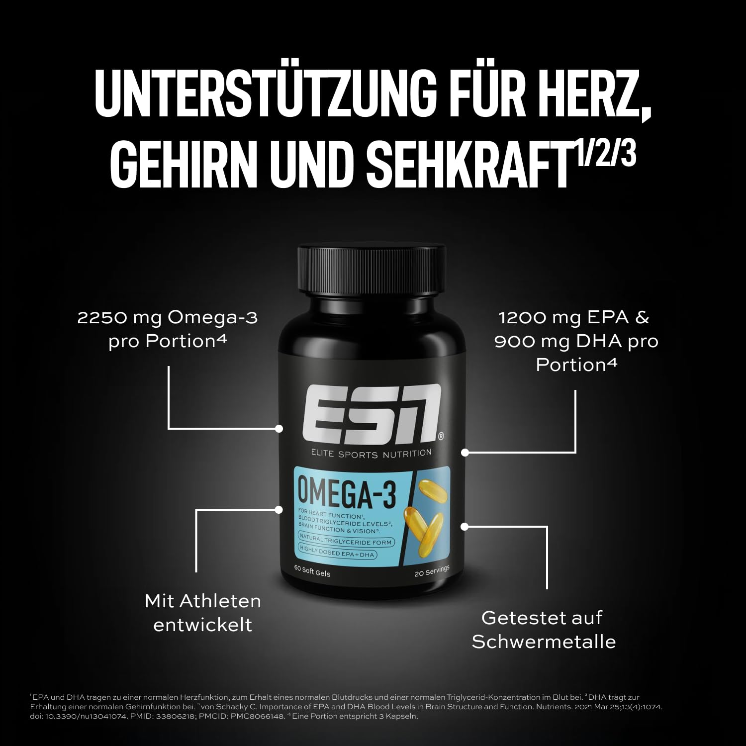 ESN Omega-3 - hochdosiert mit 1200 mg EPA und 900 mg DHA pro Tagesportion - ohne fischigen Nachgeschmack - getestet auf Schwermetalle - 60 Kapseln, 20 Portionen 5