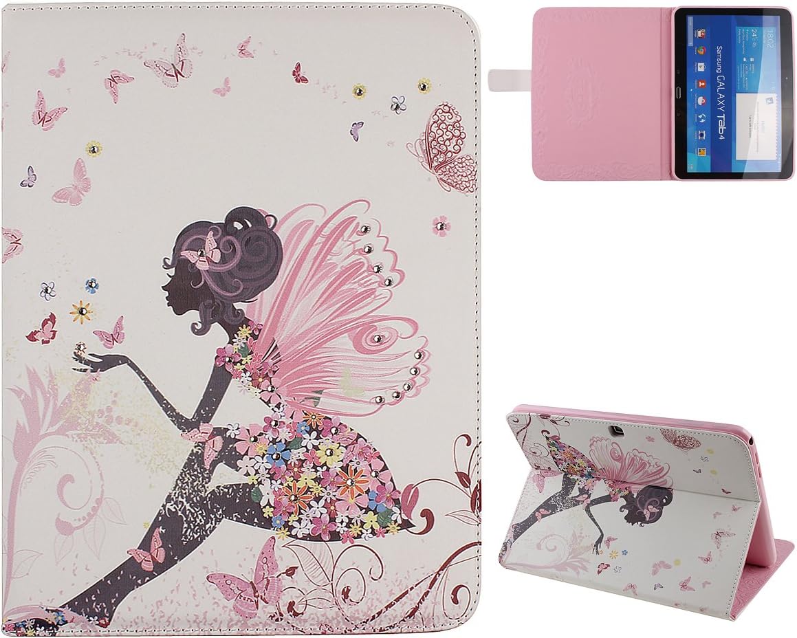 Case for Samsung Galaxy Tab 4 10.1,Cover for Samsung Galaxy Tab 4 10.1,Case for Samsung Galaxy Tab 4 10.1" Display,Leather Case for Samsung Galaxy Tab 4 10.1,Flip Case for Samsung Galaxy Tab 4 10.1",Butterfly Fairy and Flower Inlaid Shiny Glitter Diamond Pu Leather Flip Protective Case Cover with Stand for Samsung Galaxy Tab 4 10.1-inch Tablet (Fairy Butterfly)