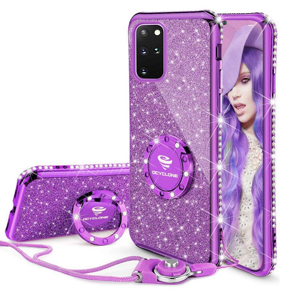 OCYCLONE Glitter Diamond Protective Case With Kickstand, Ring And Lanyard For Samsung Galaxy S20 Plus Purple