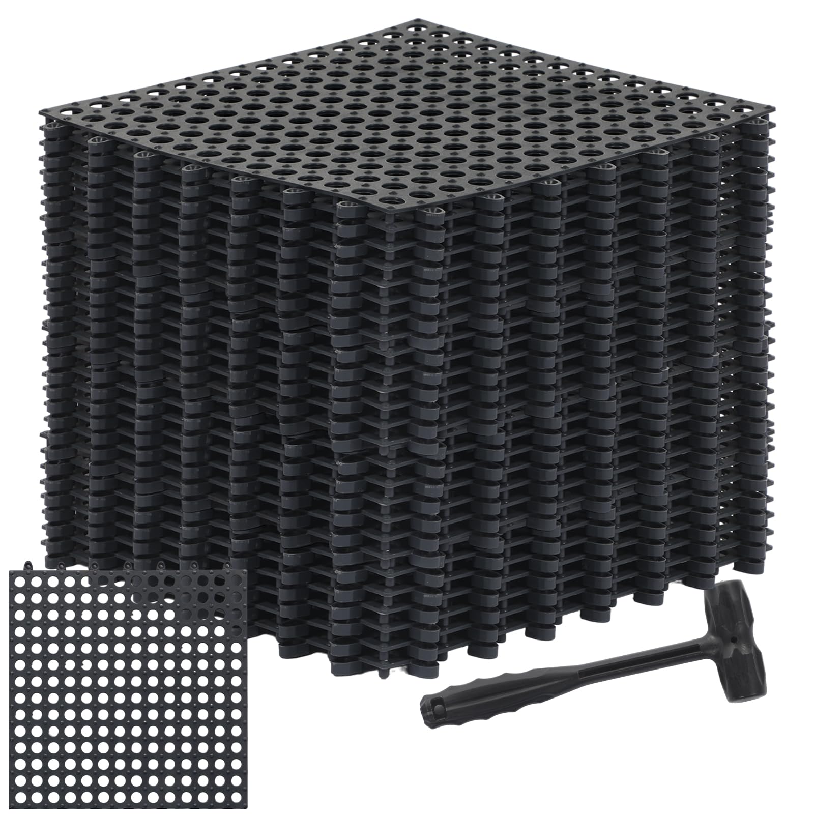 Photo 1 of Drydiet 24 Pack Drainage Tiles Modular Interlocking Floor Tiles with 1 Pc Plastic Hammer 12" x 12" Cushion Mat Non Slip Rubber Floor mat with Holes for Pool Bathroom Deck Kitchen Patio (Black)