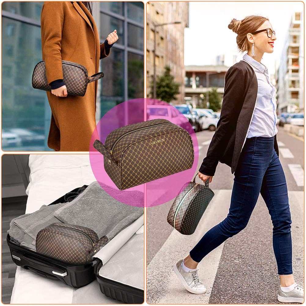 Large Travel Cosmetic Bag Organizer Toiletry Bag Portable Makeup Bag for Women Girls PU Leather Metal Zipper for Business School Sating Shopping (Brown)