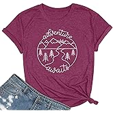 Adventure Awaits T-Shirt Women Nature Hiking Mountain Camping T Shirt Travel Outdoor Casual Vacation Tops Tees