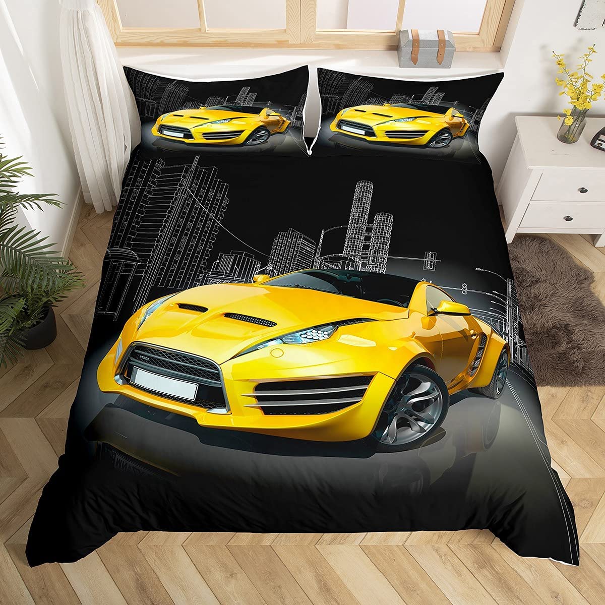 Race Car Comforter Cover Double Size Boy's Sport Bedding Set Car Collection Duvet Cover Orange Sports Car Decor Boys Girls 3 Pieces Bed Cover with Zipper Ties 2 Pillow Soft Microfiber Bedding — image 1