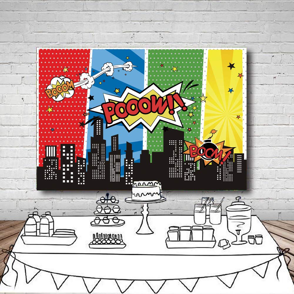 Fondos Fotograficos Lywygg 7x5ft Superhero Birthday Photo Telon De Fondo Paisaje Urbano Fondos De Dibujos Animados Superhero Party Supplies Decoraciones Superheroes Decoraciones De Pared Para Ninos O Ninas Cp 229 Electronica