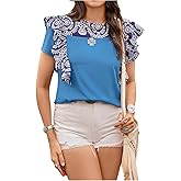 MakeMeChic Women's Floral Blouse Crew Neck Short Sleeve Keyhole Summer Boho Shirt