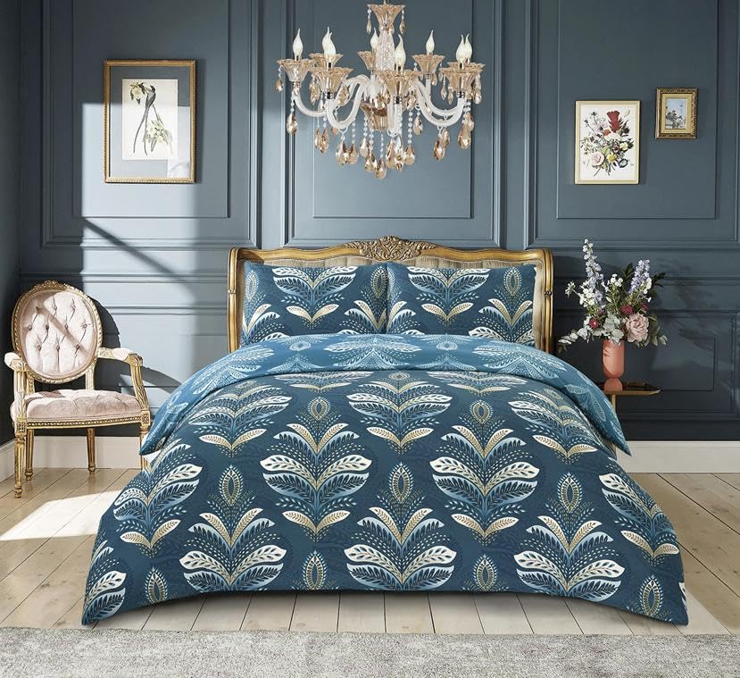 4-Piece Jasmine Teal Duvet Cover Set Double 200 x 200 cm - Hotel Quality Soft Microfiber Quilt Cover with Fitted Sheet for Bedroom - Printed Bedding Set with 2 Pillow Shams