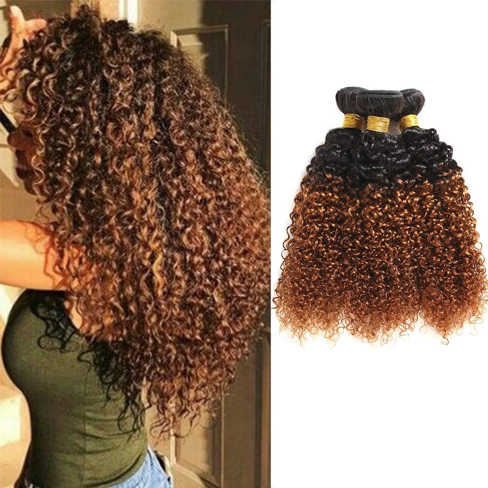 Feelgrace Ombre Kinky Curly Bundles Human Hair Ombre 2 Tone 1B/30 Kinky Curly Weave Bundles Brazilian Virgin Curly Hair Extension Bundles 3 Piece 300 Gram Same Length (10 10 10 inches)
