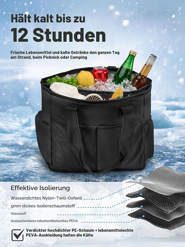 Kühltasche 26L Faltbar, Auslaufsicher Isoliertasche mit Kühlfach & Staufach, 2 in 1 Wasserdicht Picknicktasche mit Mehreren Taschen für Einkauf, Picknick, Arbeit, Strand