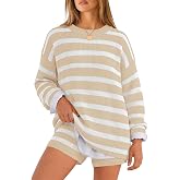 LOMON 2 Piece Matching Sets for Women Summer Striped Lounge Casual Pajamas | Oversized Long Sleeve Sweater Tops and Elastic Waist Shorts, Fall Winter Home Beach Vacation, Soft Comfy Knit Outfits