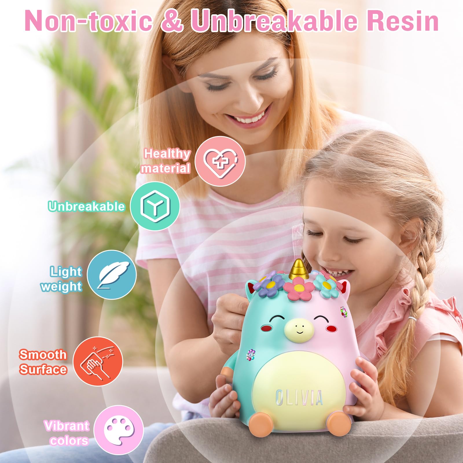 Unicorn Piggy Bank Girls – Cute Rainbow Kids Piggy Bank for Girls, Personalized Unbreakable Resin Coin Money Bank for Kids with Stickers for Toddlers… (Rainbow)