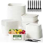 50 Disposable Meal Prep Containers 29oz White Paper Bowls with Lids &amp; Forks | Leak-Proof BPA-Free Kraft Paper Bowls with Lids, Freezer &amp; Microwave Safe, Ideal for lunch, deli salad, meal prep &amp; takeout