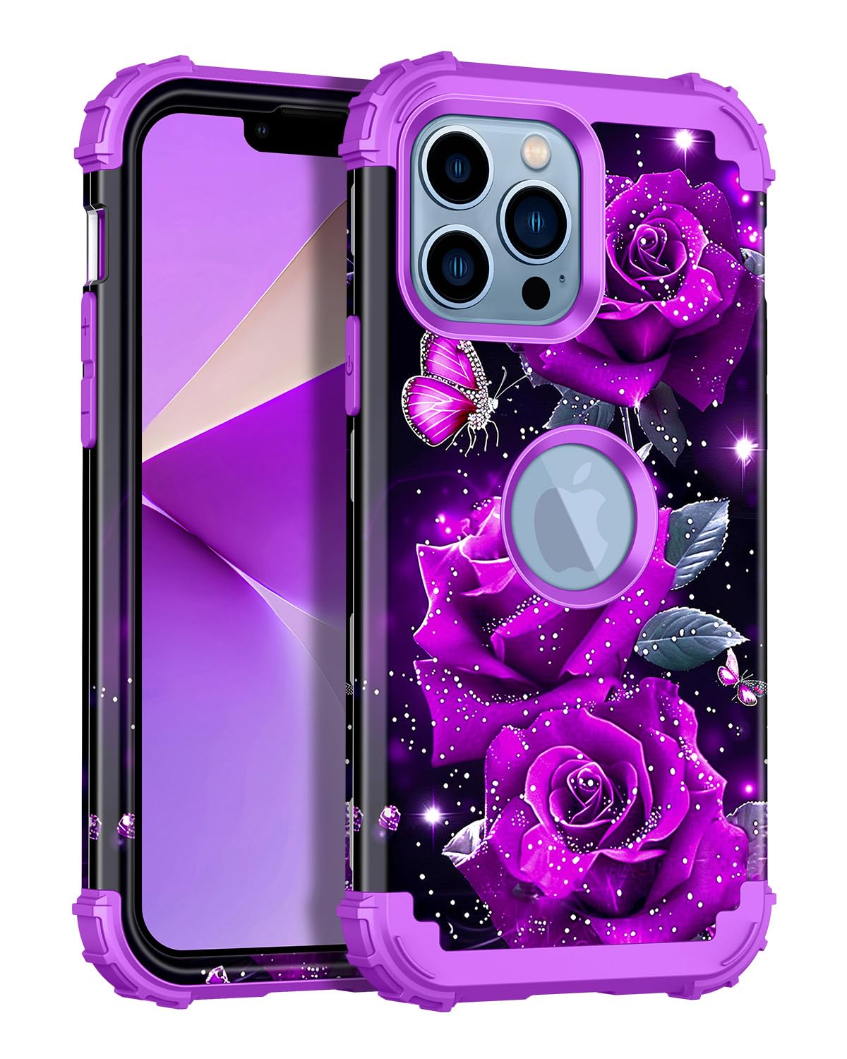 Miqala for iPhone 13 Pro Max Case,Glow in The Dark Three Layer Heavy Duty Shockproof Full Body Protection Hard Plastic Bumper+Soft Silicone Case for Apple iPhone 13 Pro Max 6.7 inch,Violet Purple