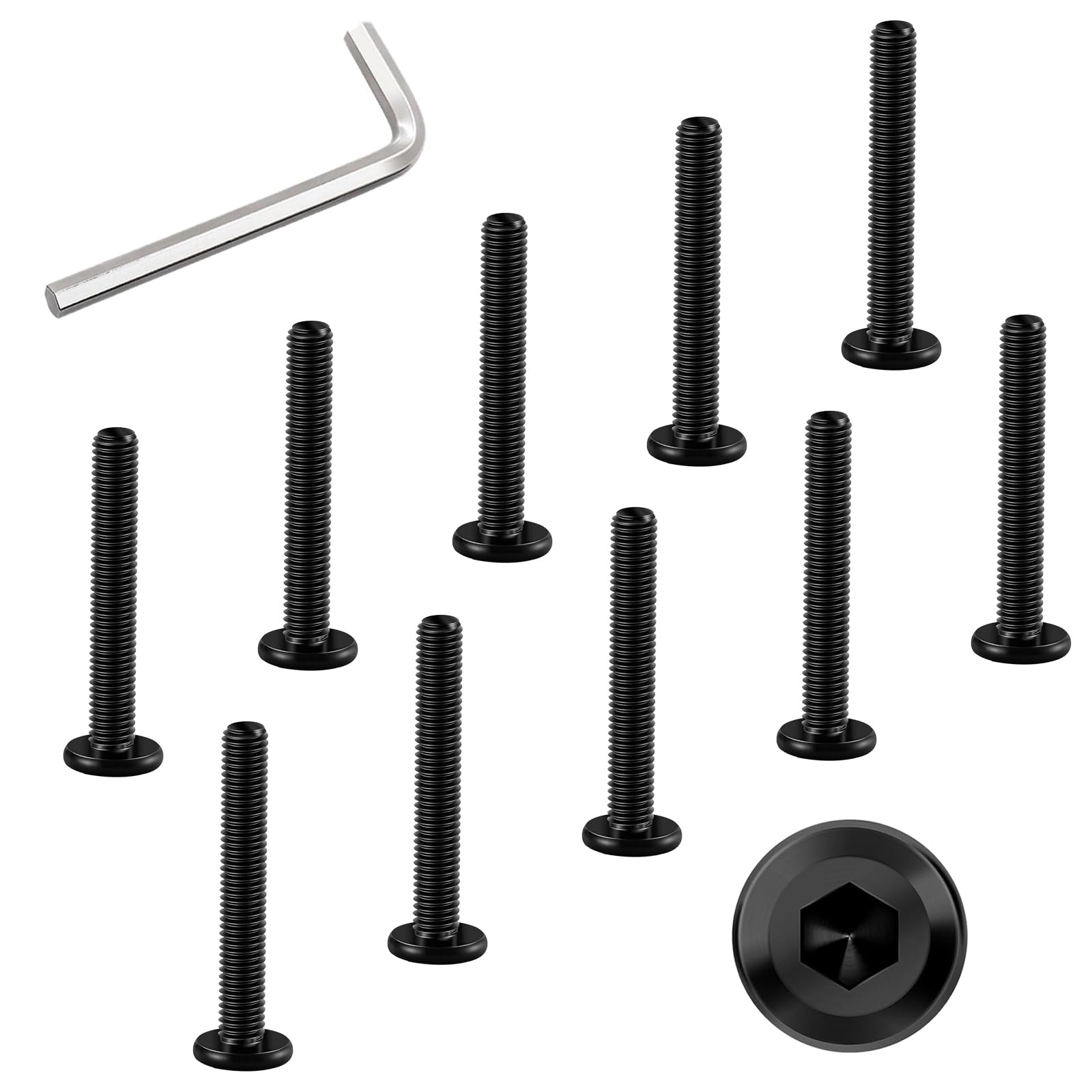Photo 1 of WYLWLS M6 x 45mm Bolt, 10 Pcs Per Set with 1 Hex Spanner, Flat Head Hex Socket Cap Bolts, Alloy Steel Black Oxide Full Thread, for Furniture, Shelves, Crib, Tables and Chairs Assembly (45 mm)