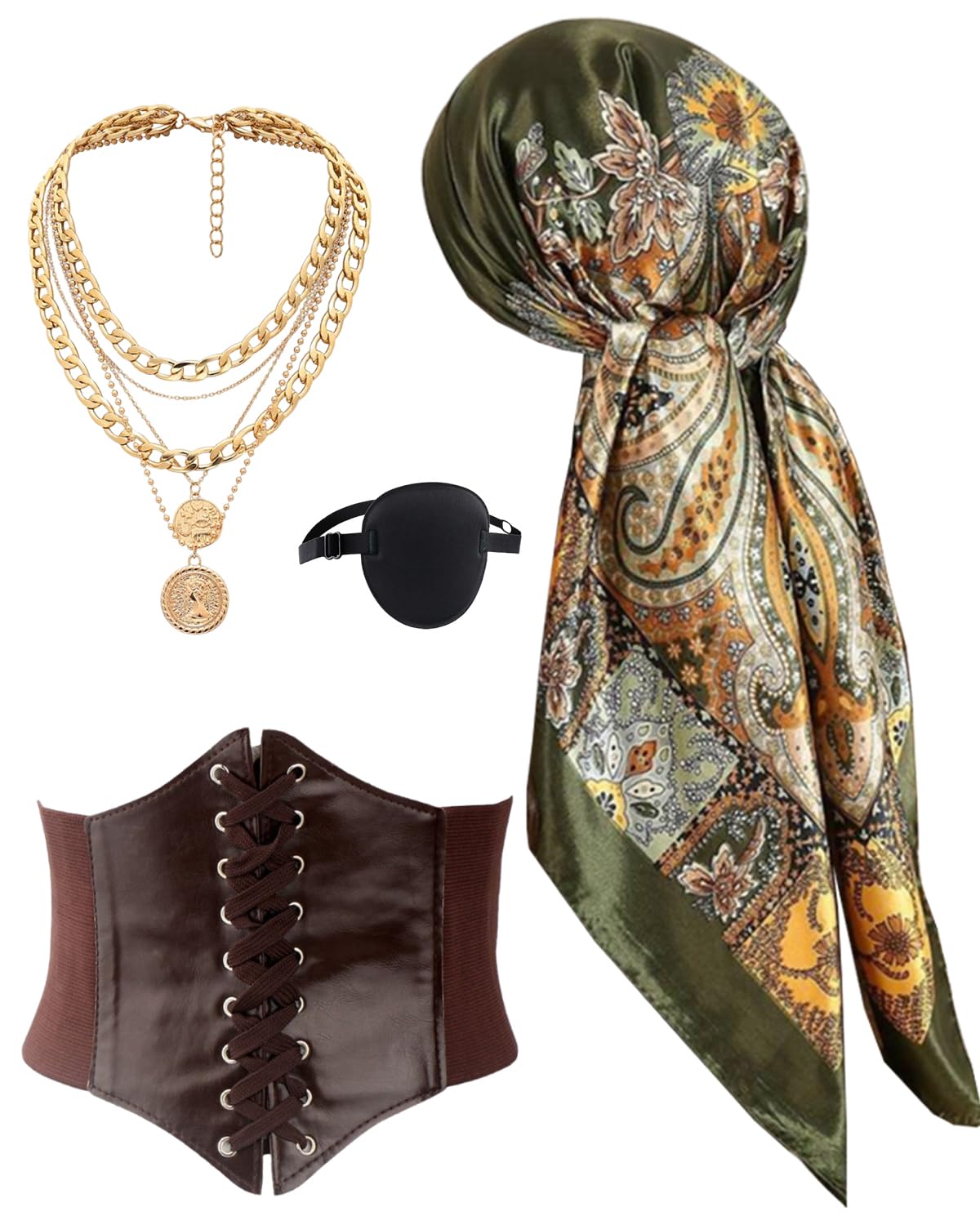 Photo 1 of Kasahara Pirate Costume Accessories Set for Women: Pirate Head Scarf, Corset, Belt, Eye Patch - Brown
