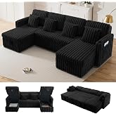 Flyida 110" Sectional Sleeper Sofa with Pull Out Bed, Comfy Fluffy Plush Corduroy Cloud Sectional Couches for Living Room, U Shaped Modular Couch with Storage Chaise, Cup Holder &amp; USB Port, Black