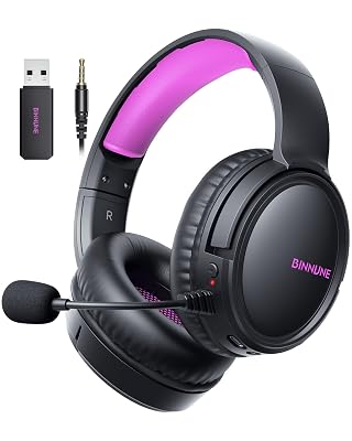BINNUNE Wireless Gaming Headset — 2.4GHz Low-Latency USB Dongle + Bluetooth, 50mm Drivers 7.1 Surround, Noise-Cancelling Mic, 40H Battery — Over Ear Wireless Headphones for PS5, PC, Laptop, Purple
