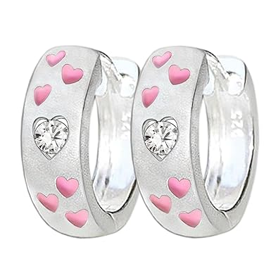 CLEVER SCHMUCK Silberne Kindercreole Ø 13 mm Optik Vorderseite eismatt mit 6 kleinen Herzen in rosa pink lackiert und Zirkoni