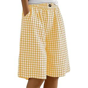 Bermuda Shorts for Womens Gingham Knee Length Imitation Cotton and Linen Pants Baggy Casual Cute Bottoms with Pockets