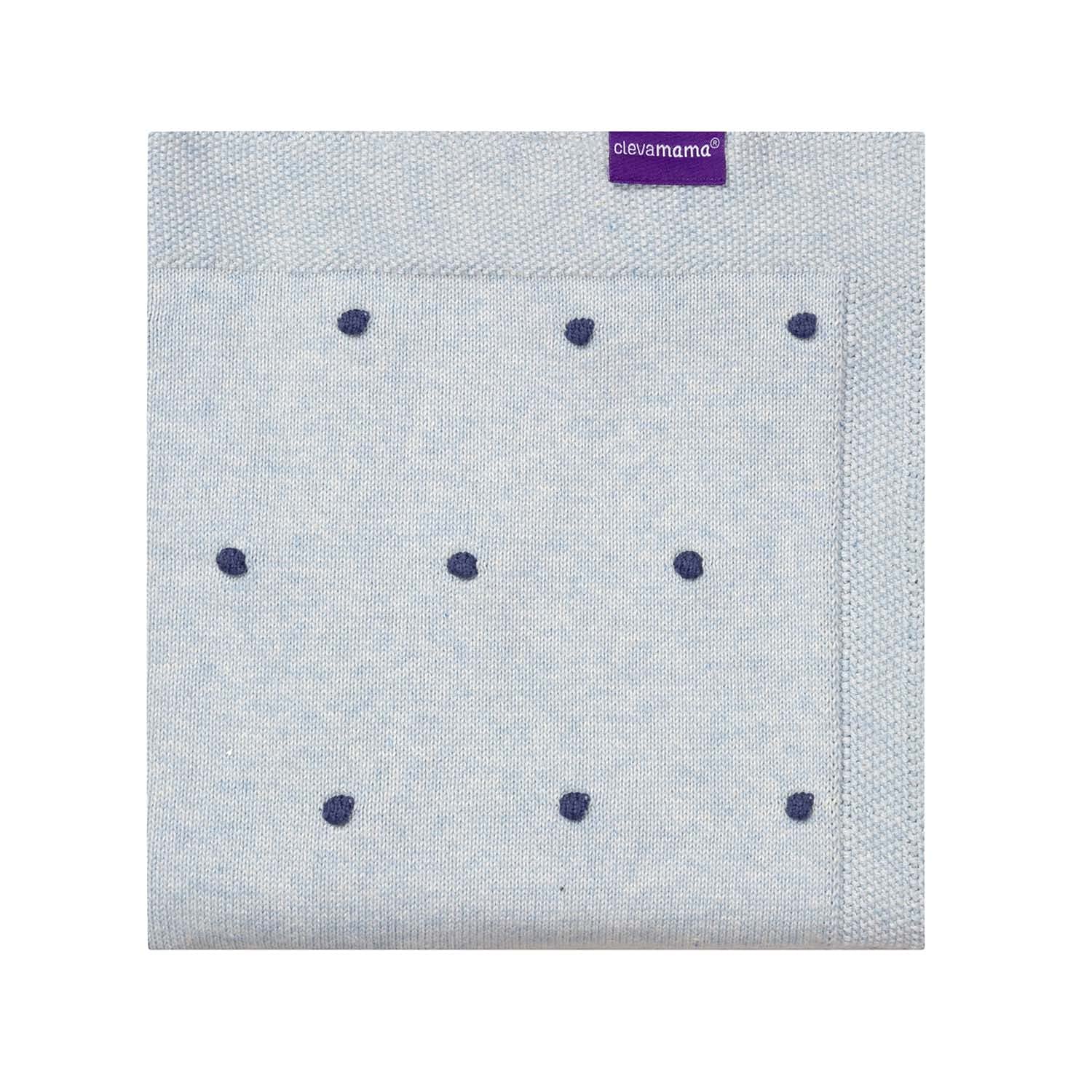 Clevamama Knitted Pom Pom Baby Blanket, Soft Organic Cotton Newborn Blankets - 80x100cm, Blue