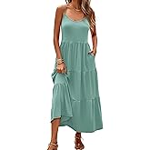 Halife Womens Flowy Tiered Maxi Dress Sleeveless Summer Sundresses Adjustable Straps Long Beach Sun Dresses with Pockets